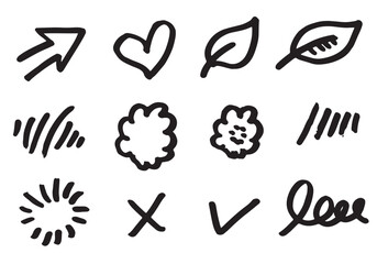 Set of cute hand drawn line scribble expression signs.emoticon effects design elements, cartoon character emotion symbols.vector illustration.