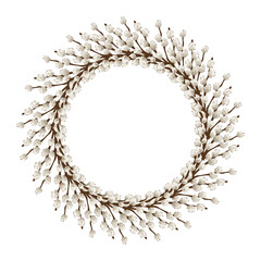 Wreath made of pussy willow branches on white background