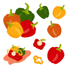 Bell pepper vector set. Green, yellow, red , orange pepper. Natural healthy nutritious organic food.