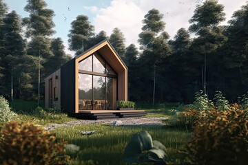 Modern Scandinavian Wooden Tiny House in Forest: A New Way to Reduce Your Ecological Footprint. Photo AI