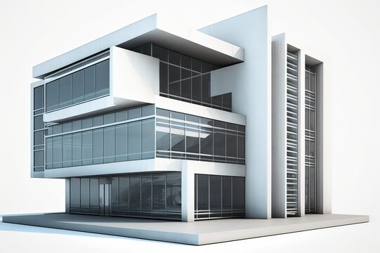 Modern Small Office Building with White Walls and Steel Sun Shading Elements. Photo AI