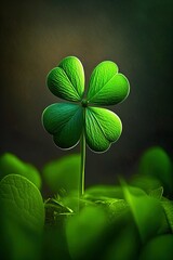 Lucky Green Four-Leaf Clover Isolated, St. Patrick's Day Concept, St. Patrick's Day Greeting Card background blurred template with space for text generative ai 