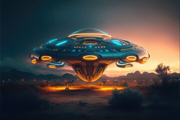Flying extraterrestrial alien spaceship landed over the steppe, a futuristic flying saucer shaped ship, a ufo with bright bioluminescent lights, dark stormy sky, muted sunlight, generative ai