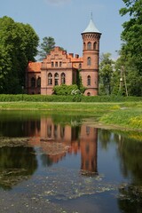 A neo-gothic palace from the first half of the 19th century in Duninow Nowy standing by the pond.