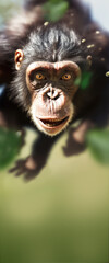 Chimp jumping trees, fish eye effect , Natural light vibe, background green, beautiful bokeh, front view, copy space for your text, Web Banner, social media banner. Generative AI.