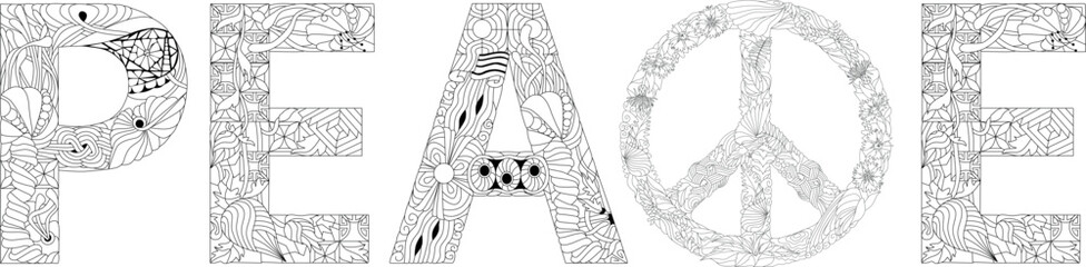 Word PEACE for coloring. Vector zentangle object for decoration