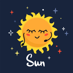 Cute cartoon planet character Sun with funny face. Poster solar system for children.