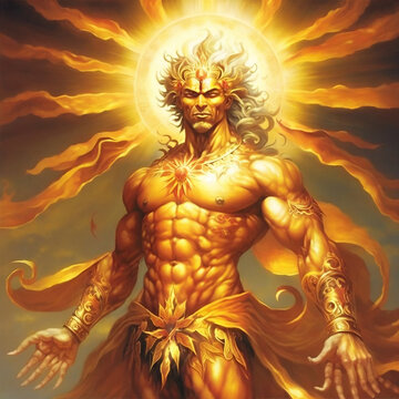 The majestic Sun God radiates with brilliance and power, casting his luminous rays upon all creation. 