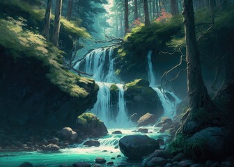 Pristine wilderness of evergreen pine trees, misty waterfall cutting a path through the rocky cliff forest woodland with crystal clear flowing streams. lush green vegetation - generative AI.  