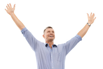 Winning man and arms up isolated on a white background with success or excited for bonus, sales and profit. Business professional, person or worker with yes, celebration or freedom in studio mockup