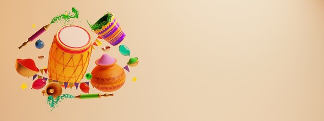 Naklejka premium Indian festival Holi elements. Holi decoration elements. colorful trendy banner. 3d rendering in white background