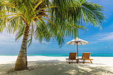 Tranquil tropical beach nature as summer landscape with lounge chairs beds palm tree leaves and calm sea for beach banner. Luxury travel landscape, beautiful destination for vacation or holiday scene