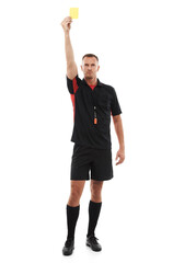 Sports referee, man and yellow card warning for soccer rules, penalty or fail in studio. Fitness coach color sign for mistake, caution or flag for competition game isolated on a white background