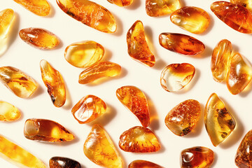 Amber stones on beige background, transparent stone yellow beige gradient color. Natural gemstone healing crystal. Top view Amber textured monochrome fon. Nature gems, pieces ancient resin.