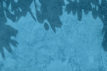 Shadow of leaves on pastel blue concrete wall texture with roughness and irregularities. Abstract...