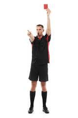 Referee man, whistle and red card hand warning while pointing for soccer rules, penalty or fail....