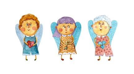Three angels, two boys and a girl, are standing with hearts in their hands. A heart in the form of a lock with keys. Cartoon children, watercolor illustration isolated on a white background.