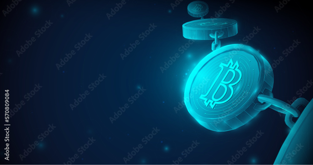 Aufkleber low polygonal wireframe style bitcoin and blockchain. cryptocurrency and technology