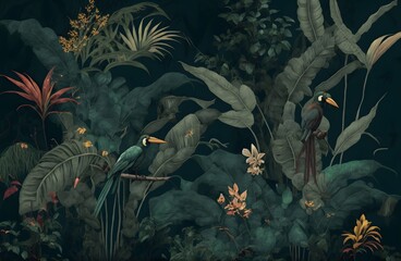Wallpaper palm tropical forest vintage jungle pattern with birds dark mood