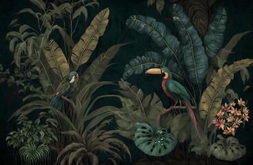 Wallpaper palm tropical forest vintage jungle pattern with birds dark mood