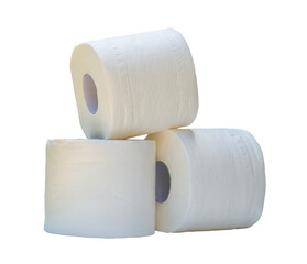 three rolls of white tissue paper or napkin prepared for use in toilet or restroom isolated on...