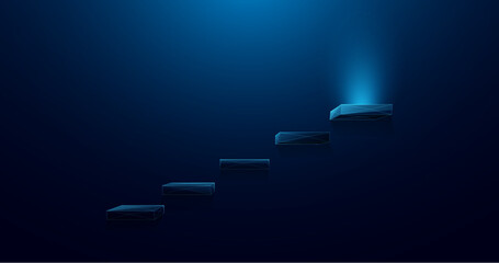 Low polygonal wireframe style Blue stairs to sparkles top step, success. Vector illustration