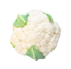Close up of single fresh ripe white cauliflower head with some green leaves isolated on white background with clipping path in png file format. Top view of organic vegetable, Concept of healthy eating