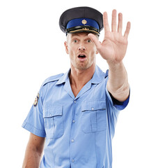Police, stop and officer or law enforcement with legal authority isolated against a studio white background. Man, cop and person with uniform for public service for safety and protection