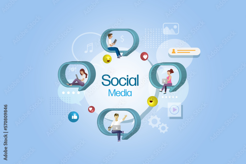 Poster social media communication network. people sit on speech bubble using smart device connecting to soc