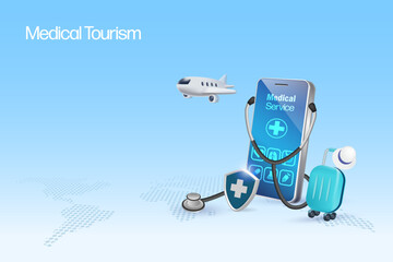 Medical tourism concept. Stethoscope on smartphone with airplane and luggage, symbol of tourist passenger flying for medical treatment and surgery service. 3D vector.