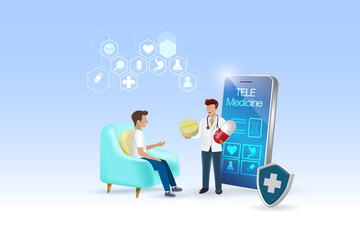 Telemedicine, online doctor consultation technology. Virtual doctor in medical mobile app give patient advise in medicine pills. Medical and health care service wireless technology.  - obrazy, fototapety, plakaty