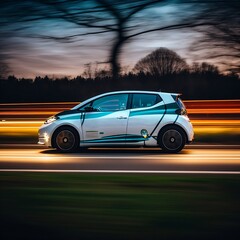 Fototapeta premium Illustration, electric car running alone in the road, movement effect, Ai Generative.