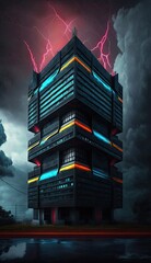 Futuristic ultra modern tower with vivid colors, background dark, the building top is bright thunders, hd ultra realistic