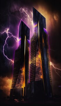 Futuristic ultra modern tower with vivid colors, background dark, the building top is bright thunders, hd ultra realistic