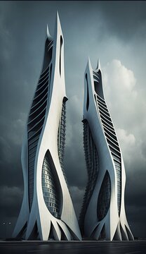 Futuristic ultra modern tower, background dark, the building top is bright thunders, hd ultra realistic