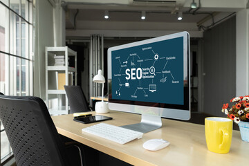 SEO search engine optimization for modish e-commerce and online retail business showing on computer...