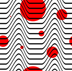 black and white waves red circles stylish minimalism seamless pattern