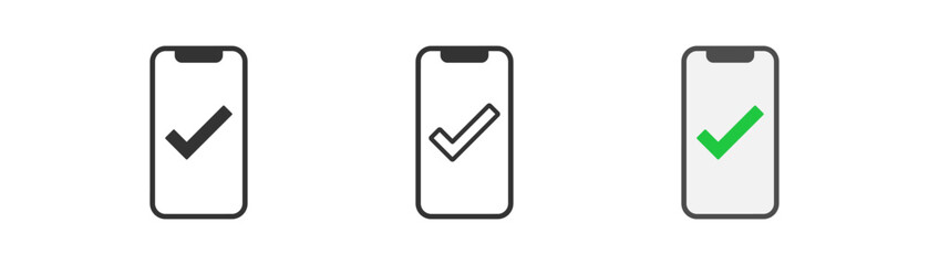 Smartphone with green chekmark icon. Success symbol.Payment, confirmation, ok, accept, done agree signs. Outline, flat and colored style. Flat design. Vector illustration.