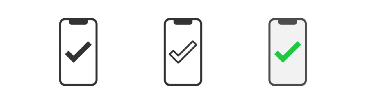 Smartphone with green chekmark icon. Success symbol.Payment, confirmation, ok, accept, done agree signs. Outline, flat and colored style. Flat design. Vector illustration.