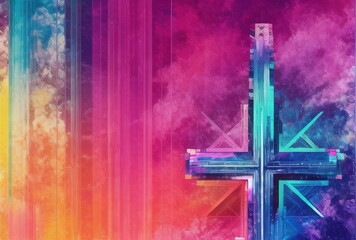 Christian Cross Neon Futuristic Abstract Cyberpunk. Palm Sunday, Good Friday Concept. Ai generated