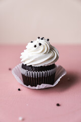 chocolate cake with chocolate muffin cupcake with butter cream and syrup and whipped cream