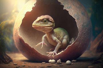 Baby dinosaur hatching from an egg, created using generative artificial intelligence 