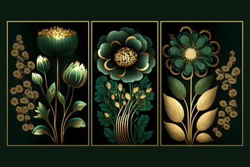 green and golden flowers on black background