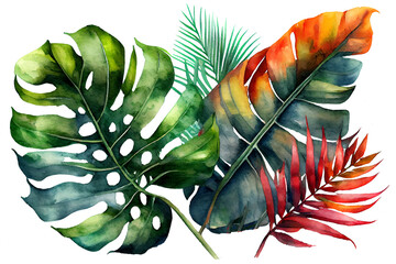 Hand drawn watercolor tropical plants background. Exotic palm leaves, jungle tree, brazil tropic botany elements. Perfect for fabric design. Aloha collection. Generative ai. - obrazy, fototapety, plakaty