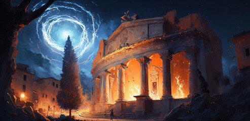 a fiery meteorite hit a ancient greek city causing an apocalyptic explosion. catastrophe. Generative AI	
