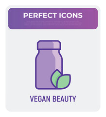 Vegan beauty thin line icon: bottle with leaf. Herbal supplement. Modern vector illustration for organic shop.