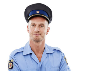 Security, safety and portrait of police with smile on white background for authority, leadership and pride. Law enforcement, justice and isolated face of guard, policeman and officer happy in uniform
