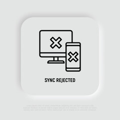 Sync between computer and smartphone is rejected: cross marks are on device screens. Thin line icon. Modern vector illustration.