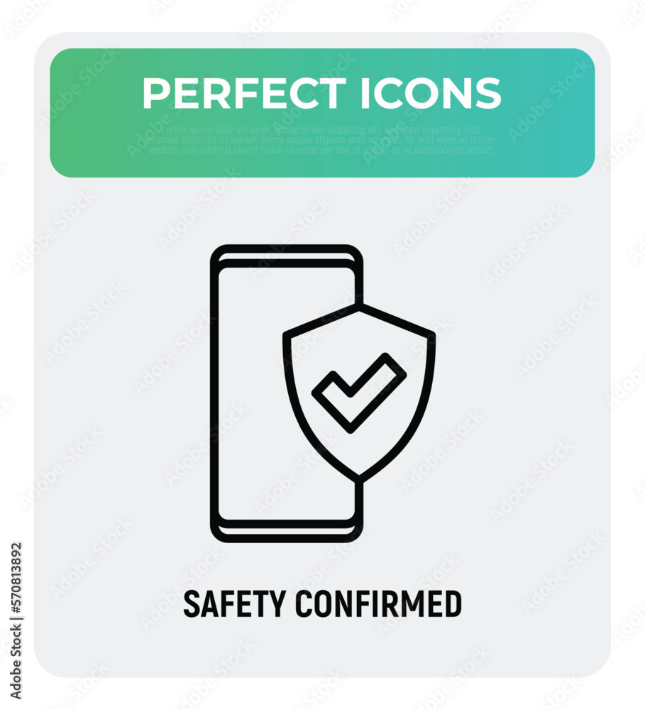 Poster safety confirmed: smartphone is protected by shield with check mark. thin line icon. modern vector i