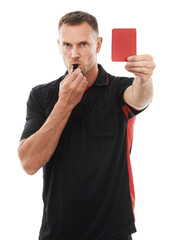 Red card, whistle and referee portrait with hand warning for soccer rules, penalty or fail in...